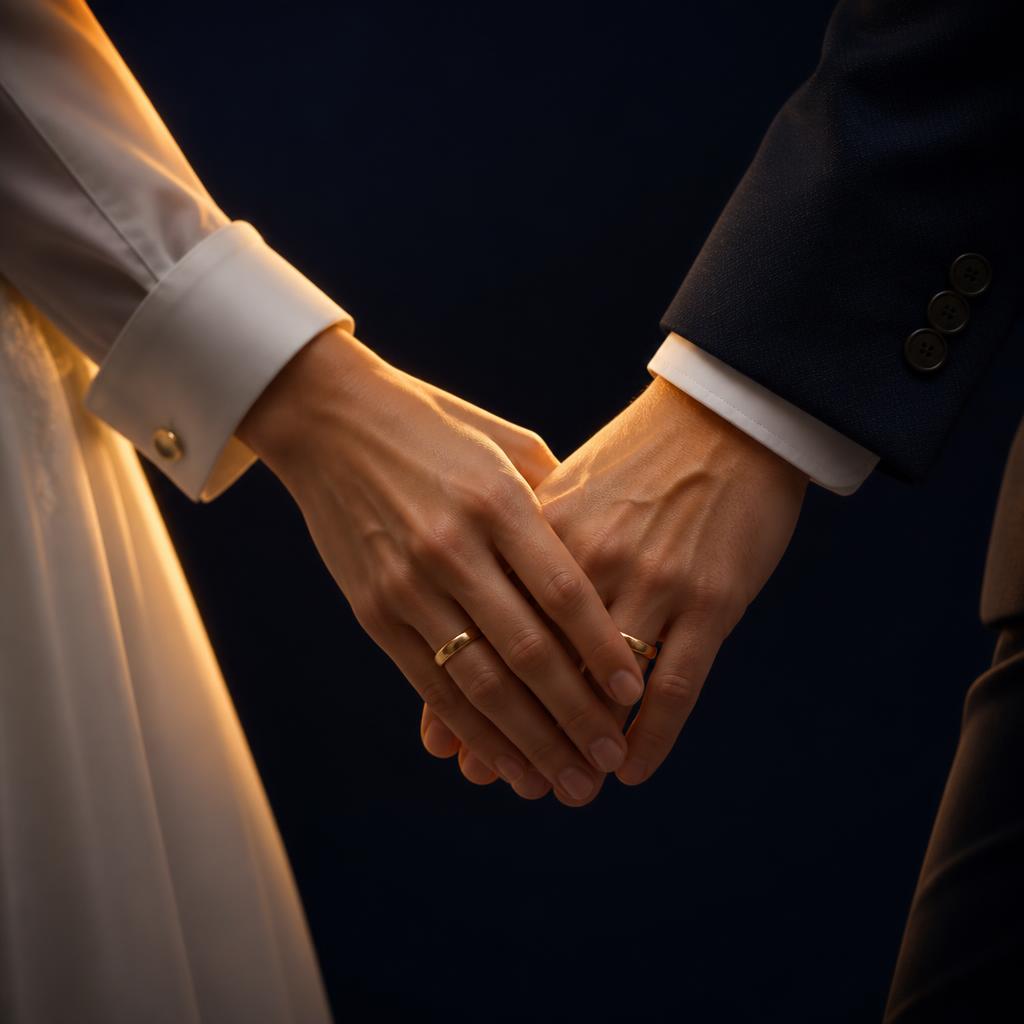 Mãos de um casal entrelaçadas com aliança de casamento
